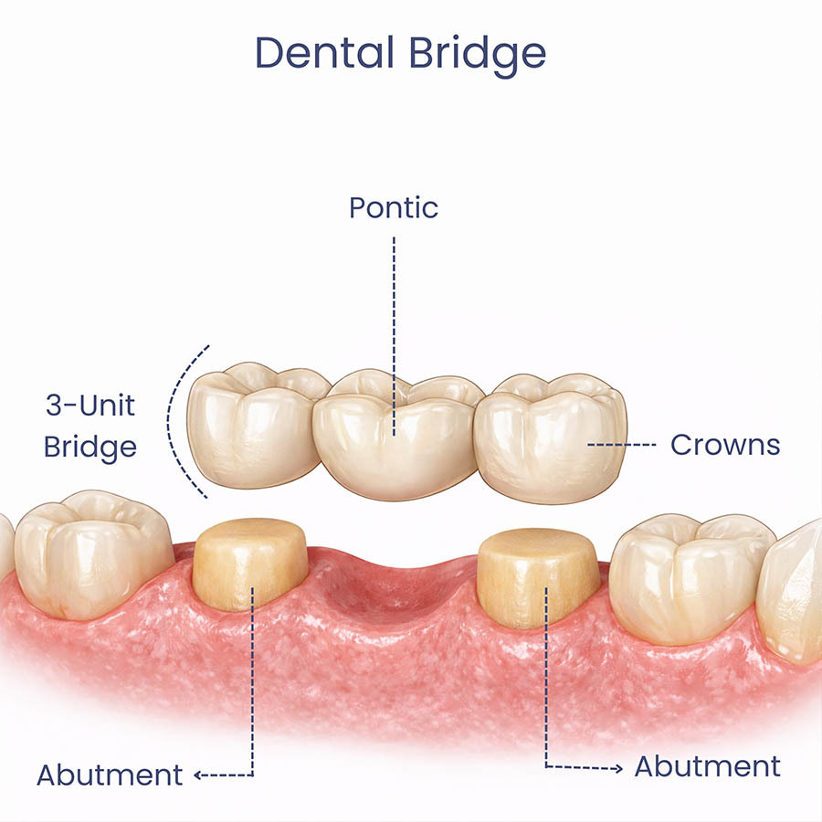3-unit dental bridge showing pontic and prepared abutment teeth at Atlas Park Dental in Glendale, Queens