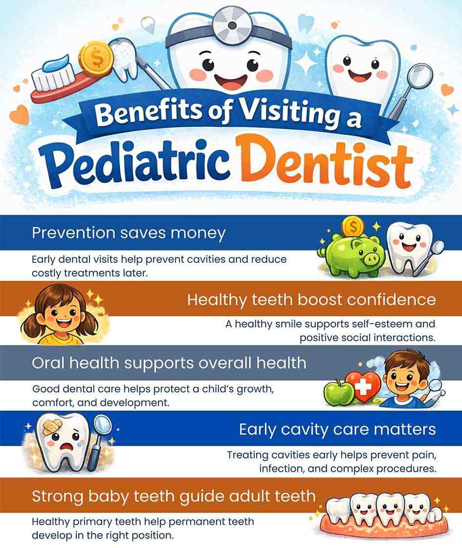 Infographic explaining the benefits of visiting a pediatric dentist, including cavity prevention, confidence, oral health, early care, and healthy tooth development.