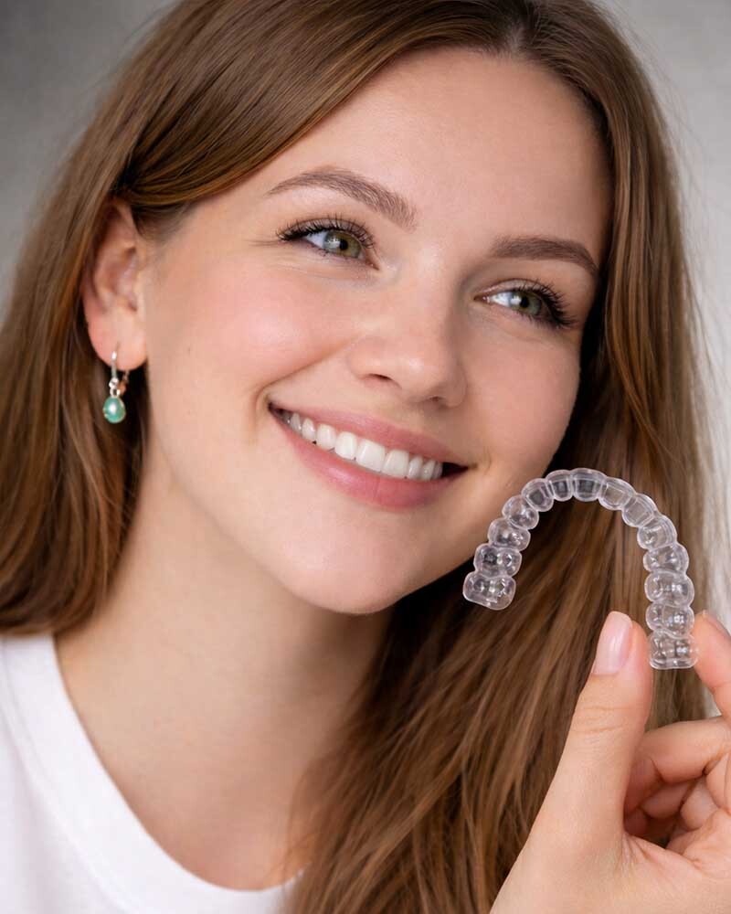 Patient holding clear Invisalign aligner with straight teeth at Atlas Park Dental