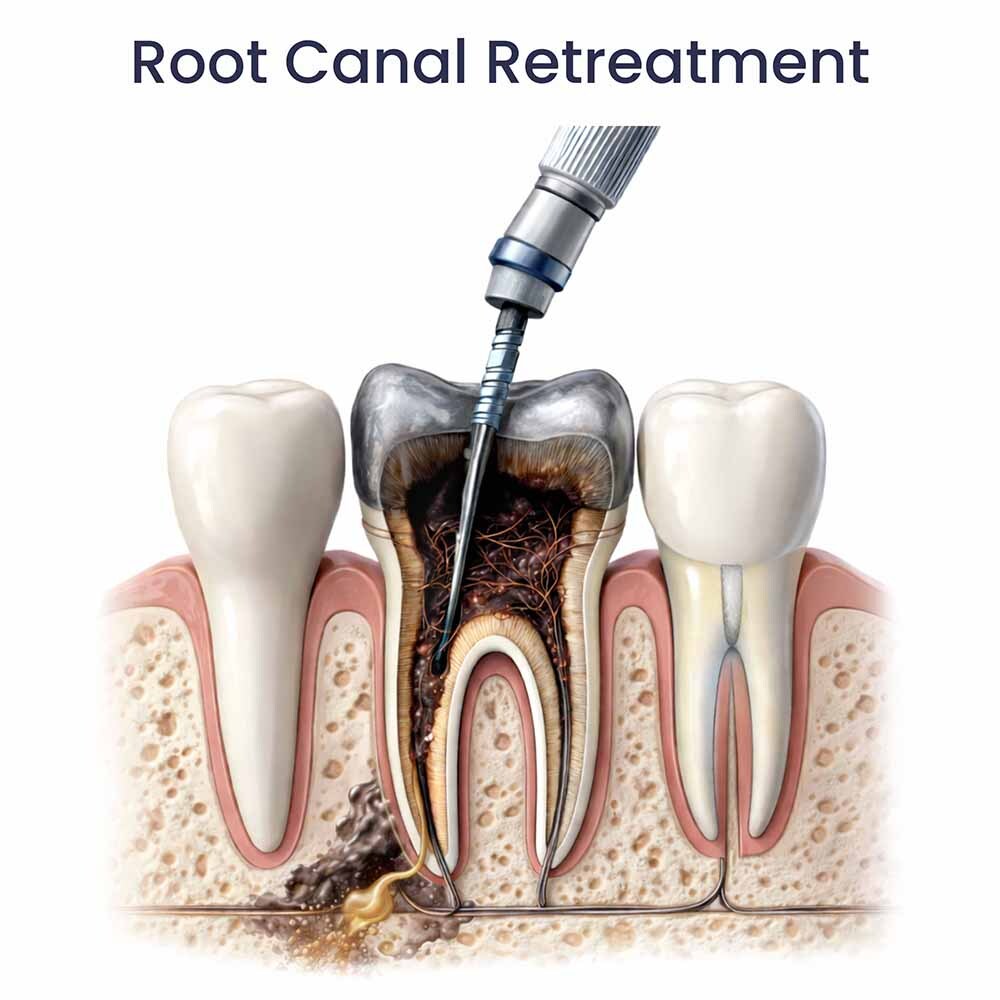 Medical illustration showing root canal retreatment by removing infected material from a previously treated tooth.