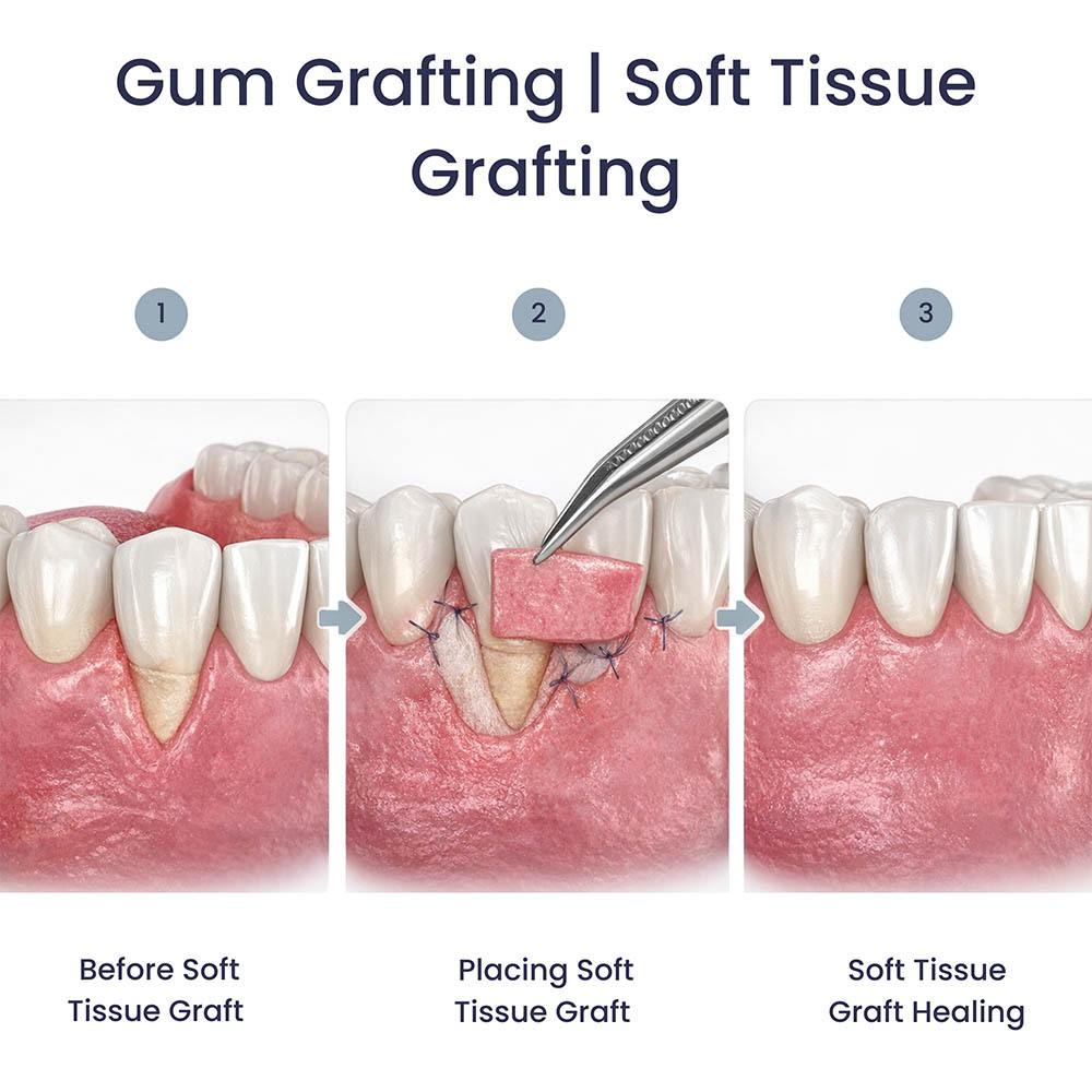 Illustration showing soft tissue gum grafting stages including gum recession, graft placement, and healed gumline