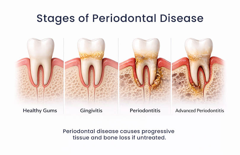 medical illustration showing the stages of periodontal disease, from healthy gums to gingivitis, periodontitis, and advanced periodontitis with progressive gum and bone loss.
