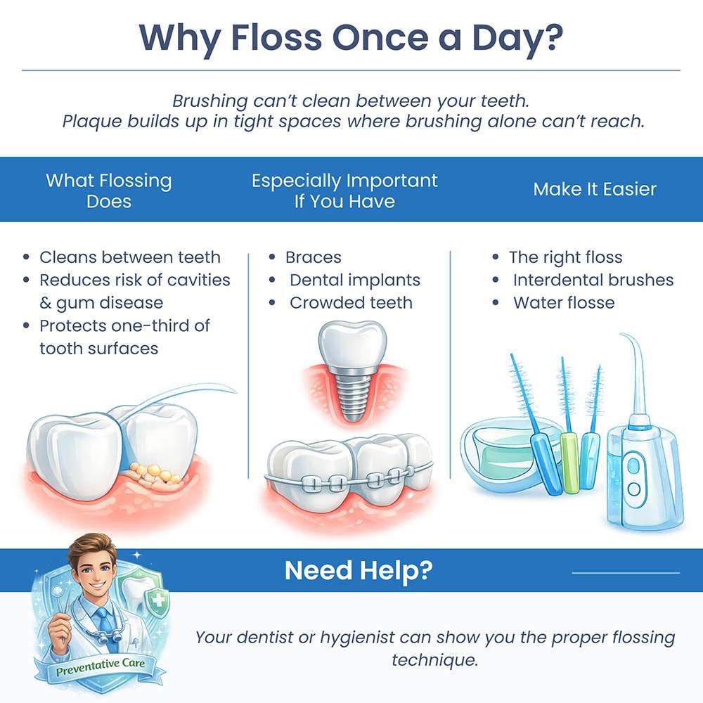 Infographic explaining why daily flossing is important, showing how floss removes plaque between teeth and helps protect against cavities and gum disease, especially for braces, dental implants, and crowded teeth