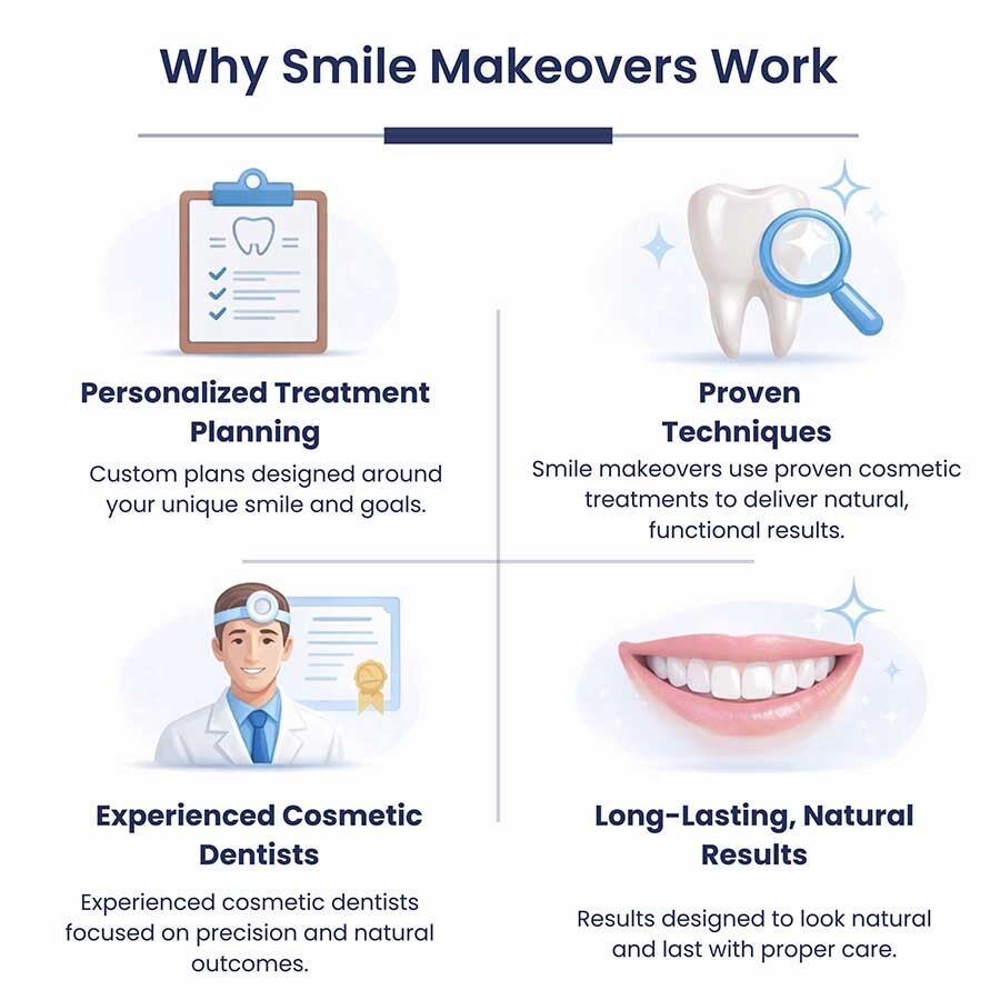 Infographic explaining why smile makeovers work, highlighting personalized planning, proven cosmetic techniques, experienced dentists, and natural-looking results.